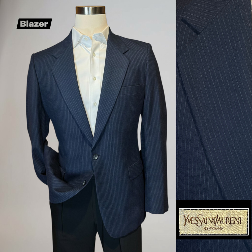 Vtg Yves Saint Laurent France 40L Navy Blue Tonal Stripe Flannel Blazer